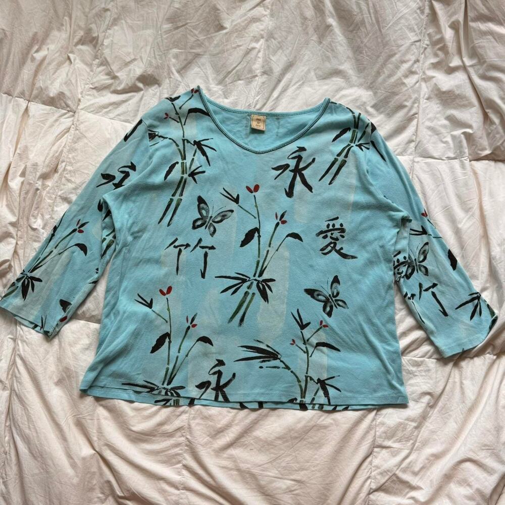 jess & jane y2k butterfly asian print womens XXL contrast stitch v neck floral